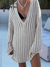 V-Neck Oversized Women's Sweater Long Sleeve Hollow Out Striped Knit Tops Winter Trend Casual Loose Pullover Sweaters Aiertu