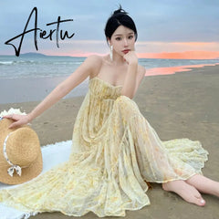 V Neck Tulle Print Sexy Evening Maxi Dresses For Women Party Slip Strap Backless Pleated Dress Club Beach Robe Femme Summer Aiertu