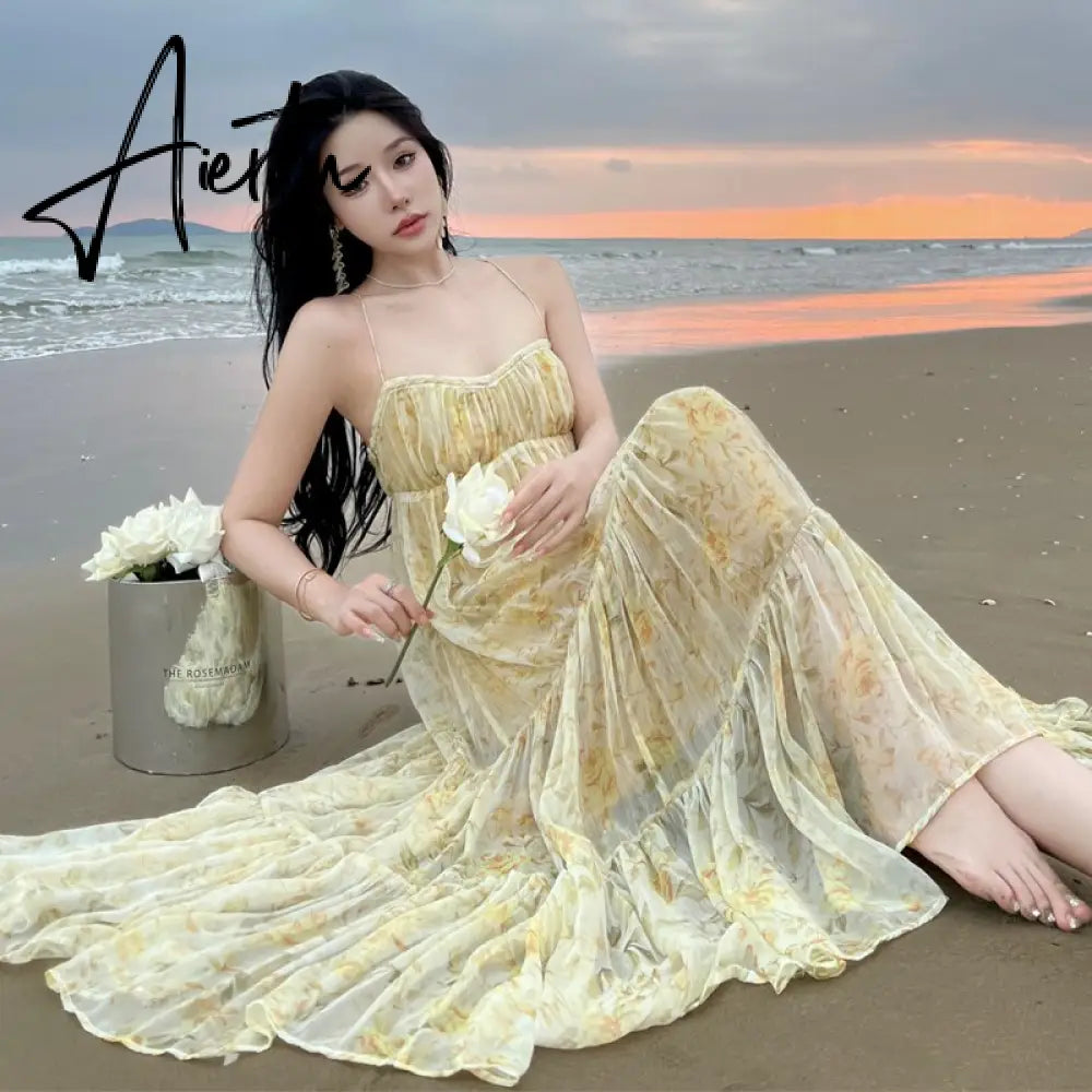 V Neck Tulle Print Sexy Evening Maxi Dresses For Women Party Slip Strap Backless Pleated Dress Club Beach Robe Femme Summer Aiertu
