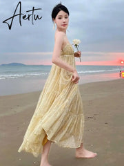 V Neck Tulle Print Sexy Evening Maxi Dresses For Women Party Slip Strap Backless Pleated Dress Club Beach Robe Femme Summer Aiertu