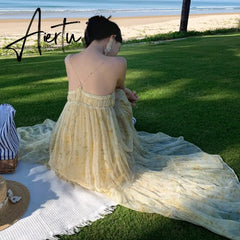 V Neck Tulle Print Sexy Evening Maxi Dresses For Women Party Slip Strap Backless Pleated Dress Club Beach Robe Femme Summer Aiertu