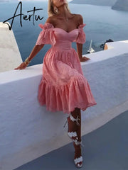 Vacation Prom Dresses For Women Sexy One-shoulder Polka Dot Short Trumpet Sleeve Mermaid Skirt Solid Women's Maxi Dress Vestidos Aiertu