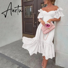 Vacation Prom Dresses For Women Sexy One-shoulder Polka Dot Short Trumpet Sleeve Mermaid Skirt Solid Women's Maxi Dress Vestidos Aiertu