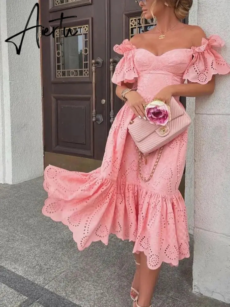 Vacation Prom Dresses For Women Sexy One-shoulder Polka Dot Short Trumpet Sleeve Mermaid Skirt Solid Women's Maxi Dress Vestidos Aiertu