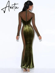 Velvet Mesh Sheer Long Sleeve Sexy Gown Maxi Dress for Women Fashion Outfits Backless Dresses Party Club Clothes Aiertu