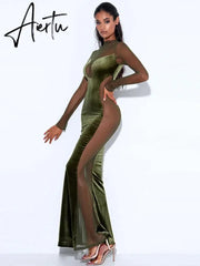 Velvet Mesh Sheer Long Sleeve Sexy Gown Maxi Dress for Women Fashion Outfits Backless Dresses Party Club Clothes Aiertu