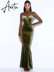 Velvet Mesh Sheer Long Sleeve Sexy Gown Maxi Dress for Women Fashion Outfits Backless Dresses Party Club Clothes Aiertu