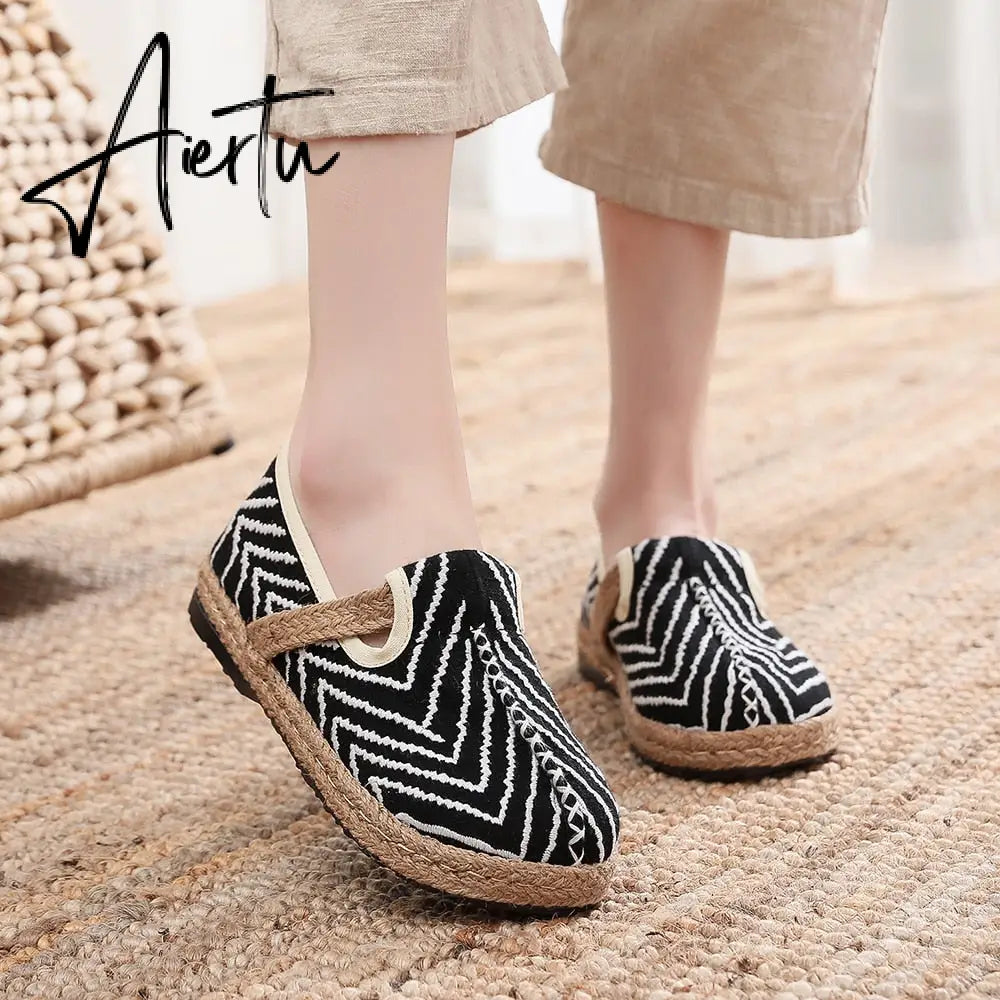 Veowalk Wave Embroidery Women Handmade Linen Cotton Flat Slip On Loafers Summer Spring Comfortable Vegan Casual Sneakers Shoes Aiertu