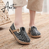 Veowalk Wave Embroidery Women Handmade Linen Cotton Flat Slip On Loafers Summer Spring Comfortable Vegan Casual Sneakers Shoes Aiertu