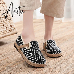 Veowalk Wave Embroidery Women Handmade Linen Cotton Flat Slip On Loafers Summer Spring Comfortable Vegan Casual Sneakers Shoes Aiertu