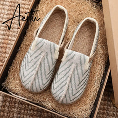 Veowalk Wave Embroidery Women Handmade Linen Cotton Flat Slip On Loafers Summer Spring Comfortable Vegan Casual Sneakers Shoes Aiertu
