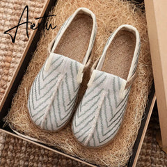 Veowalk Wave Embroidery Women Handmade Linen Cotton Flat Slip On Loafers Summer Spring Comfortable Vegan Casual Sneakers Shoes Aiertu