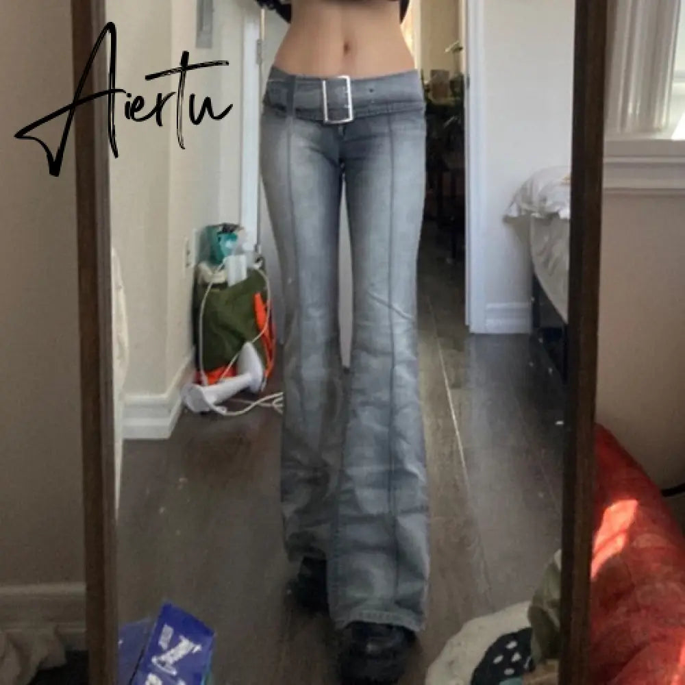 Vintage black low rise striped flare denim pants mall goth indie aesthetic pockets patchwork jeans women y2k wide leg trousers Aiertu