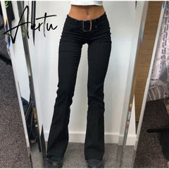 Vintage black low rise striped flare denim pants mall goth indie aesthetic pockets patchwork jeans women y2k wide leg trousers Aiertu