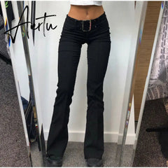 Vintage black low rise striped flare denim pants mall goth indie aesthetic pockets patchwork jeans women y2k wide leg trousers Aiertu