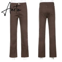 Vintage Brown Y2K Mom Jeans Women’s Streetwear Skinny Stretch Classic Denim Flare Pants Harajuku Fashion Trousers Female Aiertu