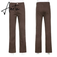 Vintage Brown Y2K Mom Jeans Women’s Streetwear Skinny Stretch Classic Denim Flare Pants Harajuku Fashion Trousers Female Aiertu