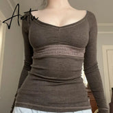 Vintage Cottage Grunge T-shirt Women Long Sleeve V-neck Crochet Lace Trim Milkmaid Tees Y2K Aesthetic Retro Slim Fit Crop Tops Aiertu