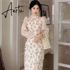 Vintage Elegant Cheongsam Dress Women Floral Embroidery Design Fairy Party Dress Female Spring Autumn Retro Long Split Dress Aiertu