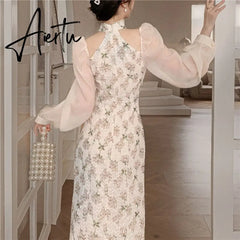 Vintage Elegant Cheongsam Dress Women Floral Embroidery Design Fairy Party Dress Female Spring Autumn Retro Long Split Dress Aiertu