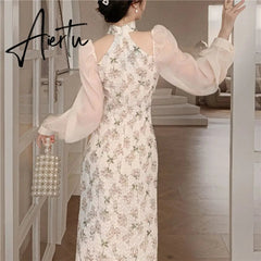 Vintage Elegant Cheongsam Dress Women Floral Embroidery Design Fairy Party Dress Female Spring Autumn Retro Long Split Dress Aiertu