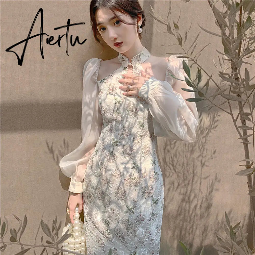 Vintage Elegant Cheongsam Dress Women Floral Embroidery Design Fairy Party Dress Female Spring Autumn Retro Long Split Dress Aiertu