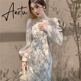 Vintage Elegant Cheongsam Dress Women Floral Embroidery Design Fairy Party Dress Female Spring Autumn Retro Long Split Dress Aiertu