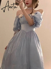 Vintage Elegant Midi Dresses Women Spring Blue Patchwork Retro Evening Party Dress French Sweet Korean Princess Fairy Dress Aiertu