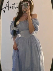 Vintage Elegant Midi Dresses Women Spring Blue Patchwork Retro Evening Party Dress French Sweet Korean Princess Fairy Dress Aiertu