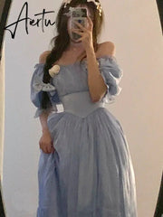 Vintage Elegant Midi Dresses Women Spring Blue Patchwork Retro Evening Party Dress French Sweet Korean Princess Fairy Dress Aiertu