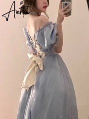 Vintage Elegant Midi Dresses Women Spring Blue Patchwork Retro Evening Party Dress French Sweet Korean Princess Fairy Dress Aiertu
