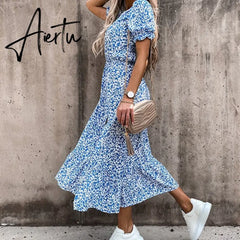 Vintage Floral Print Dresses Women Summer Sexy V Neck Side Slit Elegant Long Dress Female Casual Short Sleeve Button Party Dress Aiertu