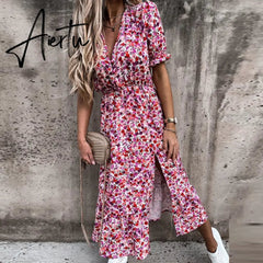 Vintage Floral Print Dresses Women Summer Sexy V Neck Side Slit Elegant Long Dress Female Casual Short Sleeve Button Party Dress Aiertu