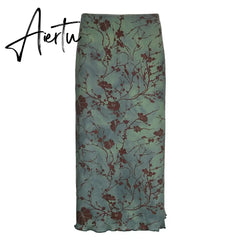 Vintage Floral Print Long Skirt y2k Aesthetic Women Low Rise Straight Midi Skirts Casual Streetwear Outfits Retro Basic Aiertu