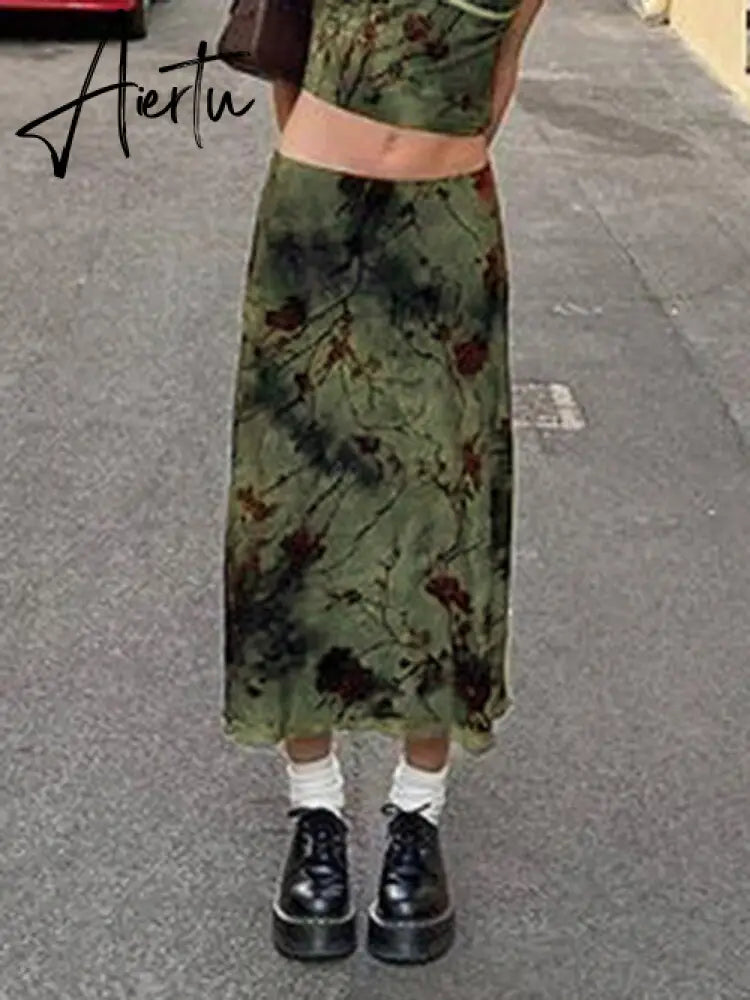 Vintage Floral Print Long Skirt y2k Aesthetic Women Low Rise Straight Midi Skirts Casual Streetwear Outfits Retro Basic Aiertu