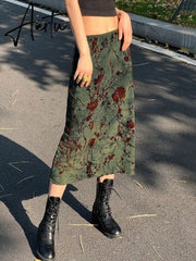 Vintage Floral Print Long Skirt y2k Aesthetic Women Low Rise Straight Midi Skirts Casual Streetwear Outfits Retro Basic Aiertu