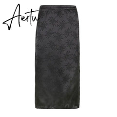 Vintage Floral Print Satin Midi Skirts Women Side Split Sexy High Waist Skirts Summer Retro Black Casual Outfits Fashion Aiertu