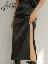 Vintage Floral Print Satin Midi Skirts Women Side Split Sexy High Waist Skirts Summer Retro Black Casual Outfits Fashion Aiertu