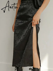 Vintage Floral Print Satin Midi Skirts Women Side Split Sexy High Waist Skirts Summer Retro Black Casual Outfits Fashion Aiertu