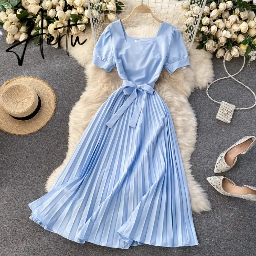 Vintage French Short Sleeve Women Dress Square Collar High Waist Belt Pleated Dresses Female Elegant Clothes Summer Coisini Aiertu