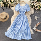 Vintage French Short Sleeve Women Dress Square Collar High Waist Belt Pleated Dresses Female Elegant Clothes Summer Coisini Aiertu