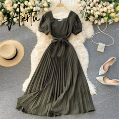 Vintage French Short Sleeve Women Dress Square Collar High Waist Belt Pleated Dresses Female Elegant Clothes Summer Coisini Aiertu