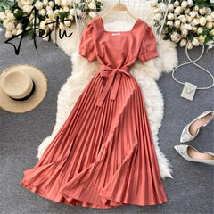 Vintage French Short Sleeve Women Dress Square Collar High Waist Belt Pleated Dresses Female Elegant Clothes Summer Coisini Aiertu