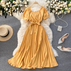 Vintage French Short Sleeve Women Dress Square Collar High Waist Belt Pleated Dresses Female Elegant Clothes Summer Coisini Aiertu