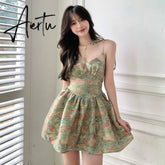 Vintage Halter Dress Floral Print Female Backless Hight Waist Mini Summer Dress Women Plus Size Sundress Spaghetti Strap Dress Aiertu