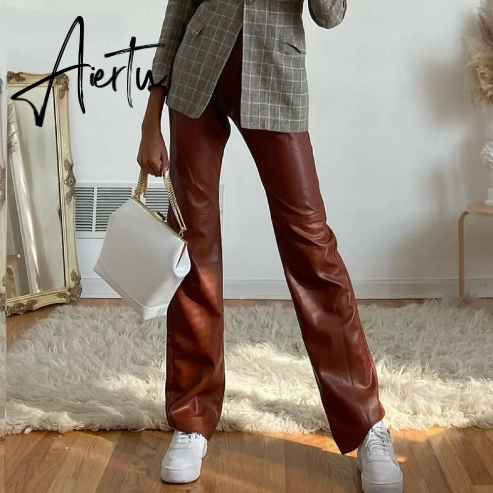 Vintage High Waist Button Pocket Straight Loose Legs Women's Trousers Autumn PU Faux Leather Elegant Female Pants Aiertu