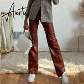 Vintage High Waist Button Pocket Straight Loose Legs Women's Trousers Autumn PU Faux Leather Elegant Female Pants Aiertu