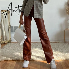Vintage High Waist Button Pocket Straight Loose Legs Women's Trousers Autumn PU Faux Leather Elegant Female Pants Aiertu