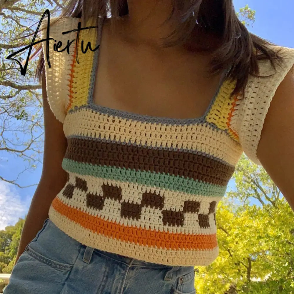 Vintage Patchwork Knitted Sweater Vest Y2K Aesthetic Ruffles Tank Top 90s 00s Retro Square Collar Crop Top Women Kawaii Clothes Aiertu