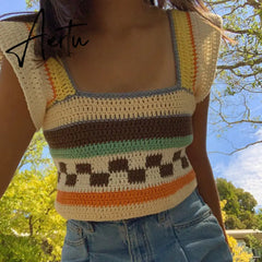 Vintage Patchwork Knitted Sweater Vest Y2K Aesthetic Ruffles Tank Top 90s 00s Retro Square Collar Crop Top Women Kawaii Clothes Aiertu